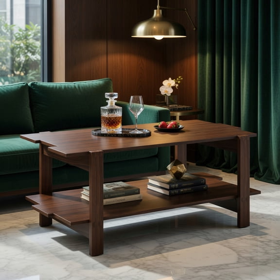Topcobe 2-Tier Slatted Wood Coffee Table with Storage Shelf, Center Table for Living Room, Modern Furniture for Home-Walnut