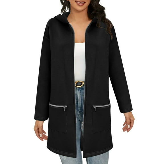Women's Mid-Length Full Zip Hoodie with Zippered Pockets, Oversized Solid Color Fleece Sweatshirt for Cold Weather Protection, Lounge Comfort, Daily Wear and Outdoor Activities Black L