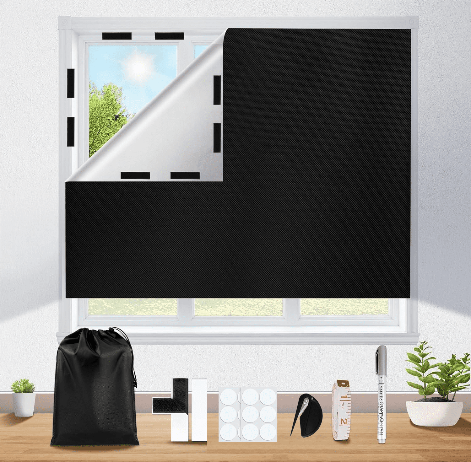 High Quality Pu Material Portable Blackout Blinds, Thin & Portable Sunlight Blocking for Various Locations, Includes Knife, Tape Measure, Velcro, Double-Sided Tape, Storage Bag