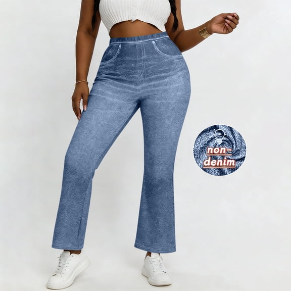 Tqcoqu Faux Flare Jeans for Women High Waisted Tummy Control Stretch Wide Leg Pants Elastic Waist Faux Denim Trousers with Decorative Pockets,Blue,Women's S-XXL