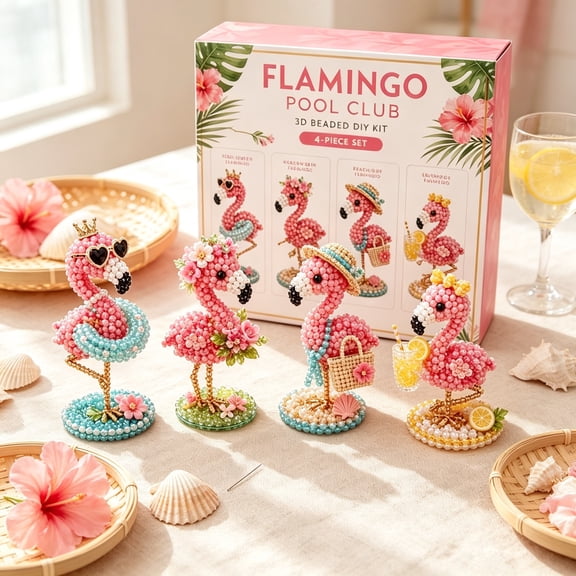 BZCOE Tiny 3D Beaded Animal Diy Kit Flamingo Pool Club,Creative Beaded Mini World Collection,Relaxing Craft Set with All Supplies,Ideal Gift for Women and Teens