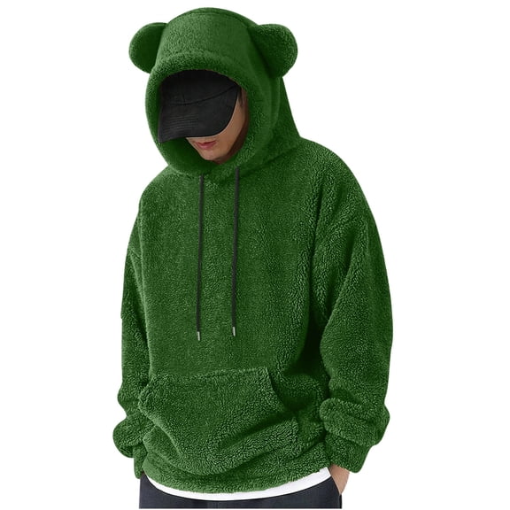 RongHuan Fuzzy Hoodie for Men Sherpa Fleece Sweatshirts Cute Bear Ears Long Sleeve Hoodies Fall Winter Warm Pullover