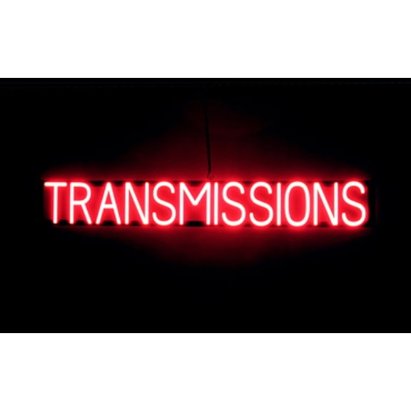 SpellBrite TRANSMISSIONS LED Sign for Business. 46.7" x 6.3" Red TRANSMISSIONS Sign Has Neon Sign Look With Energy Efficient LED Light Source. Visible from 500+ Feet, 8 Animation Settings.