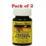 Nature's Blend Ferrous Gluconate 324mg Element Iron 37.5mg, 100 Tabs, 2 Pack