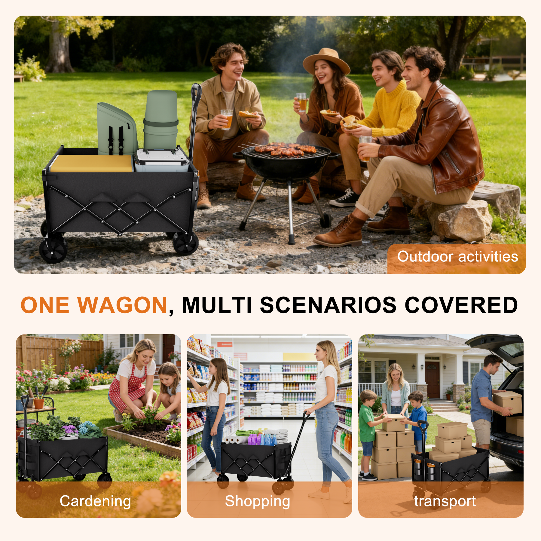 Favoyard Collapsible Wagon, Portable Folding Wagon with All-Terrain Wheels and Adjustable Handle for Grocery Camping Shopping Garden, 100L and 330lbs