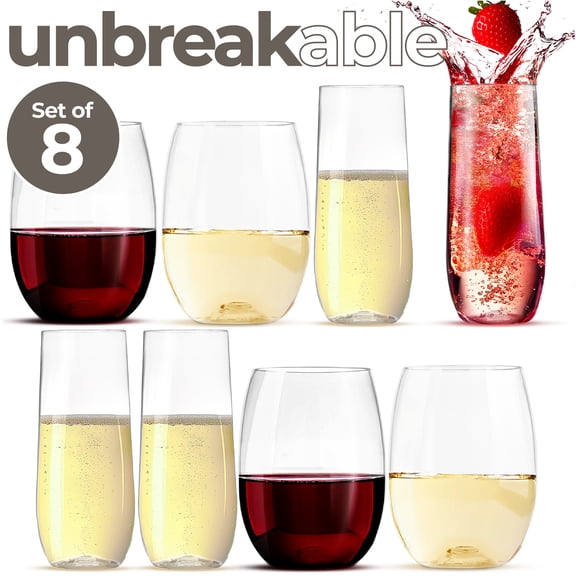 Rowdy Crowd Unbreakable Tritan Plastic Glasses Set of 8 - Wine Tumblers & Champagne Flutes - BPA-Free Dishwasher Safe
