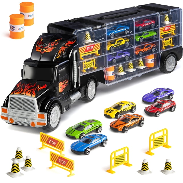 Portacoches de transporte Play22 camiones de juguete con 6 coches de carreras fundidos a presión