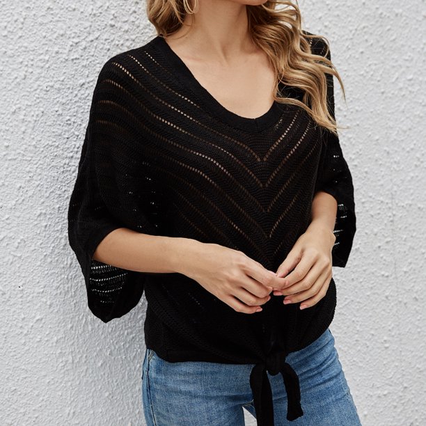Novedad de verano, camisa de murciélago de manga corta con cuello en V para mujer, top con cordones, suéter hueco fino