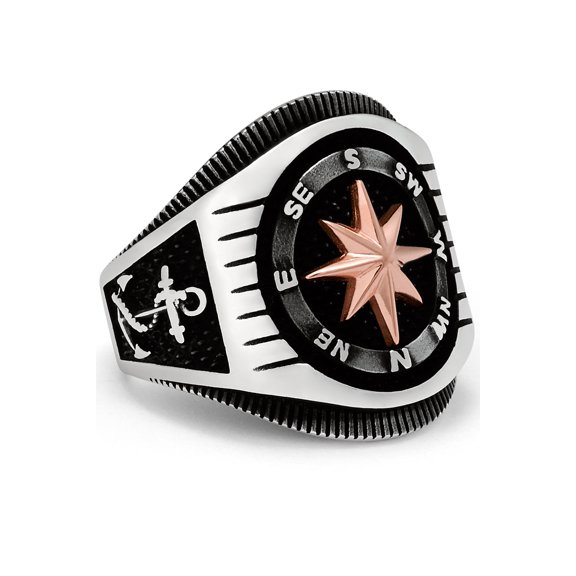 Metal Masters Mens Nautical Compass Sailing Ring 925 Sterling Silver Black Helm Anchor 23mm