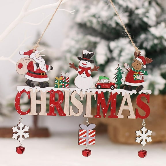 Fridja Christmas Ornaments Christmas Tree Accessories Ornaments Wooden English Letters Merry Christmas Snowflake Ornaments Wooden Bell Pendant
