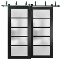Sliding Closet Frosted Glass Barn Bypass Doors 56 x 96 inches | Quadro 4002 Matte Black | Sturdy Top Mount 6.6ft Rails Hardware Set | Wood Solid Bedroom Wardrobe Doors