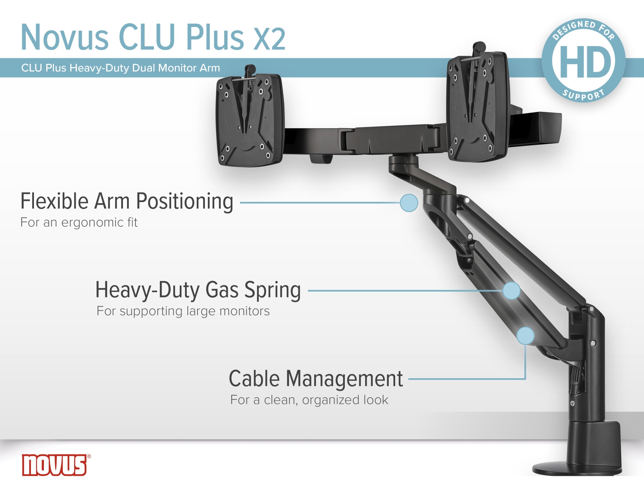 Novus CLU Plus X2 c HD Monitor Arm Set for 2 Screens, Easy Alignment, 3-in-1 Mount, Silver