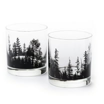 Black Lantern 11 Oz Forest Landscape Handmade Black Glass Whiskey Glass Set of 2