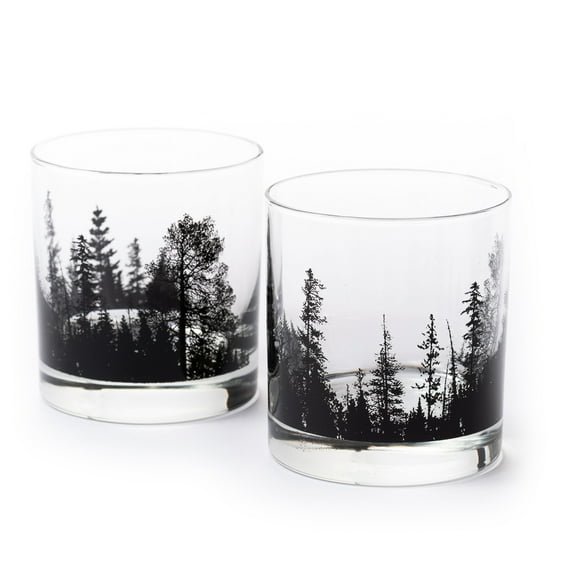 Black Lantern 11 Oz Forest Landscape Handmade Black Glass Whiskey Glass Set of 2