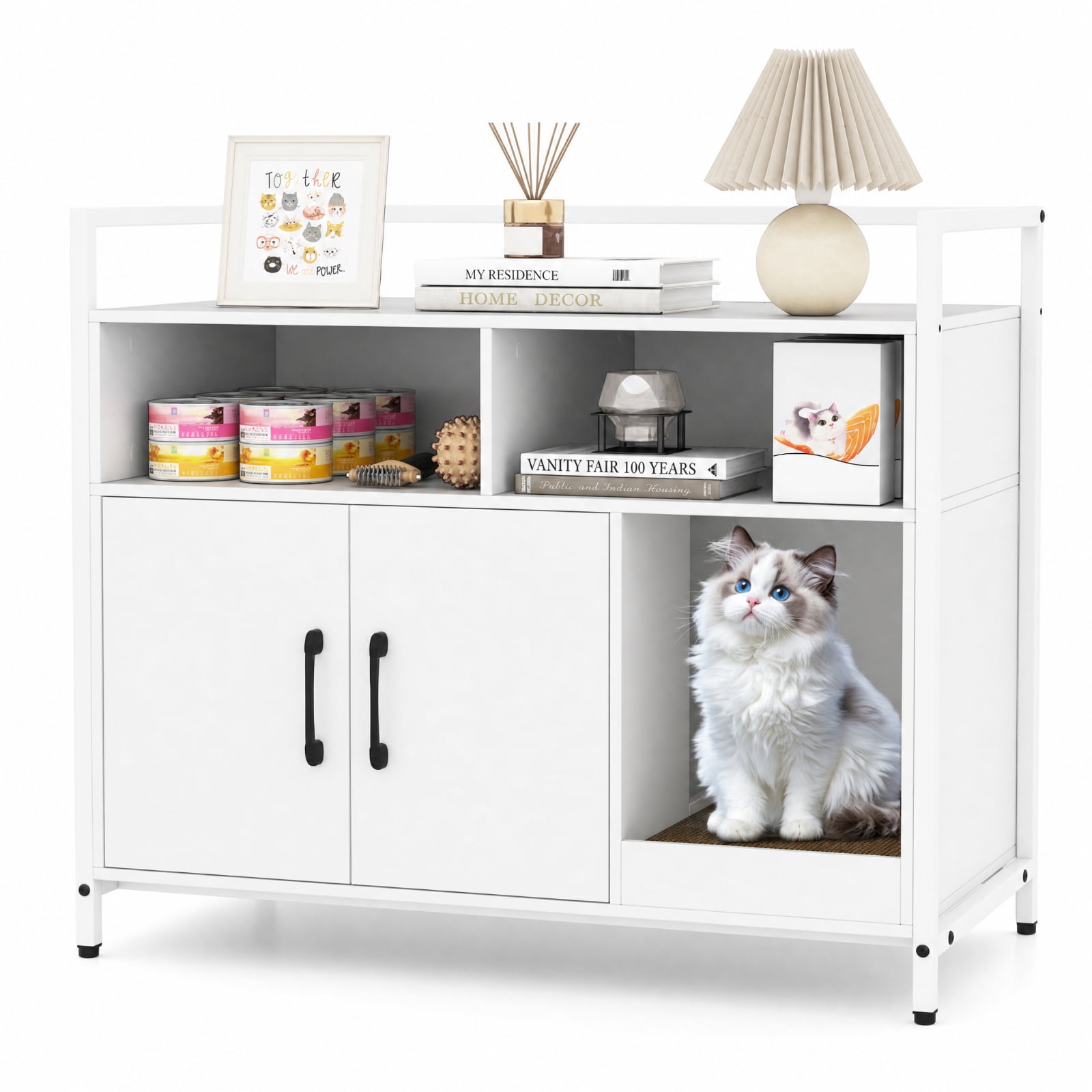 SUGIFT Hidden Cat Litter Box Enclosure, Wooden Cat Washroom Furniture with Double Doors, End Side Table Cat House, Off White