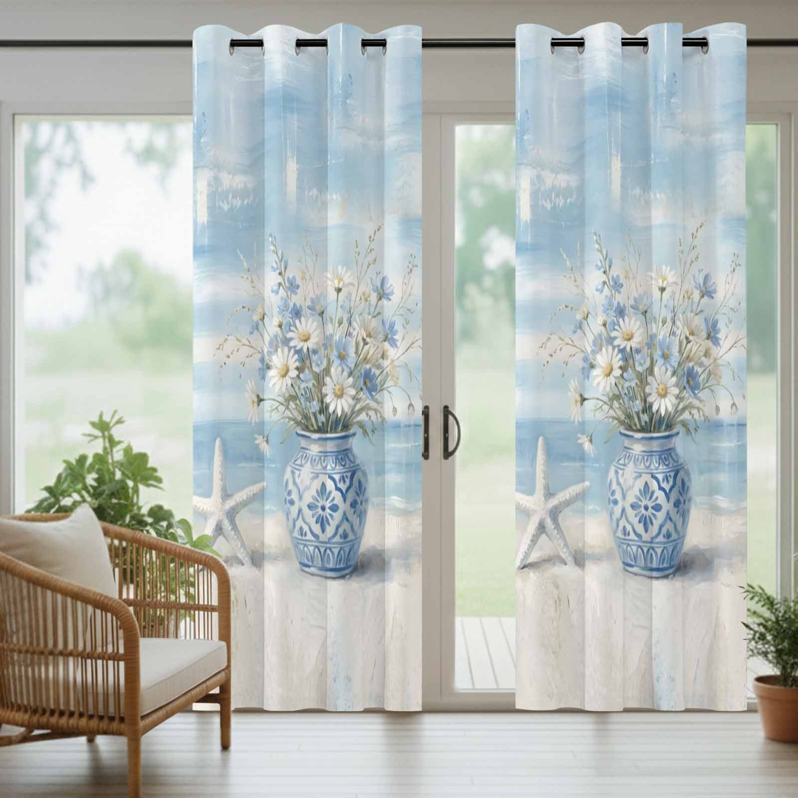 Summer Ocean Flower Outdoor Curtains for Patio, Country Nautical Sea Starfish Oil Painting Style Sunshade Privacy Drapes Grommet Waterproof Outside Curtains for Porch Balcony 54"x 108", 1 Panel