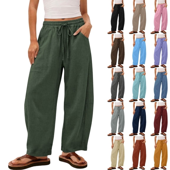 VBVC Women's Cotton Linen Barrel Leg Pants , Casual Drawstring Baggy Trousers For Women , Ladies' Summer Beach Pants with Pockets, Khaki , S-3XL