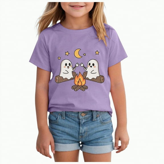 CAUYDY Toddler Baby Girls Halloween Shirts Pumpkin Graphic T-Shirt Ghost Spooky Season Tops Cute Short Sleeve Tees Clothes(Purple,11-12 Y)