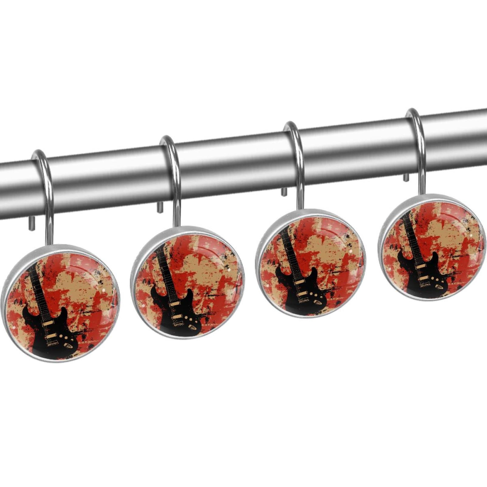 Black Guitar on Red Grunge Shower Curtain Hooks Round Crystal Glass, Set of 12 Shower Curtain Rings - Shower Hooks for Curtain Shower Rings