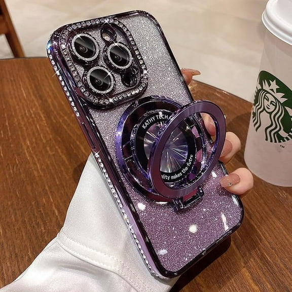 Magnetic Kickstand {Glitter Lens Protector } Case for IPhone 15 14 13 12 Pro Max {Compatible with Magsafe } {Sparkling Diamond } Cover Glitter Shiny Rhinestone Cases (Purple,for iphone 12 Pro Max)
