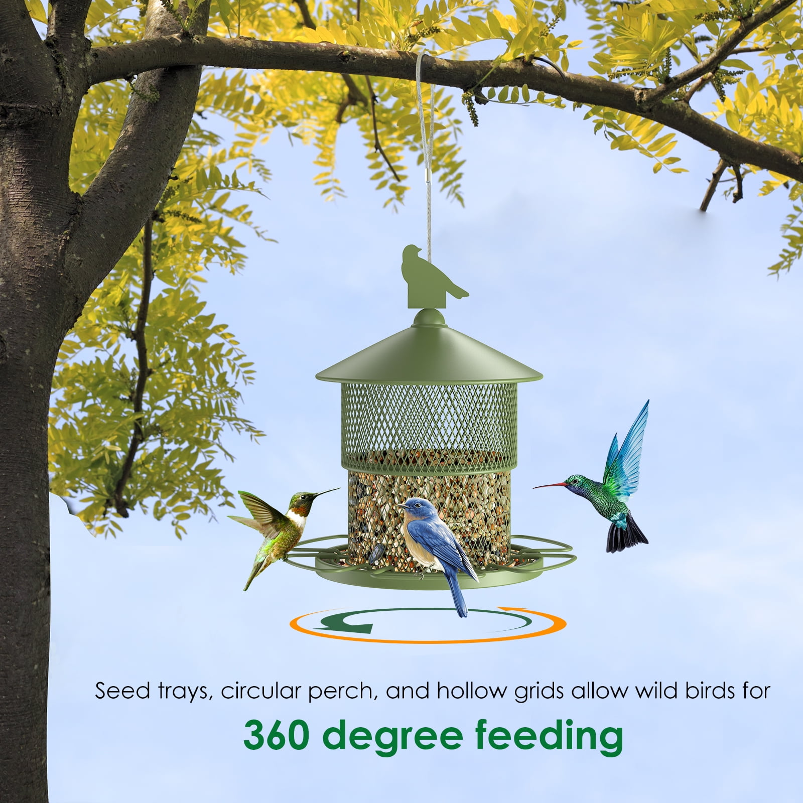 Digipettor Metal Wild Bird Feeder for Outside, Squirrel Proof Bird Feeders, Retractable 4LB Capacity Large Seed Birdfeeder for Outdoors Hanging Garden Yard, Green