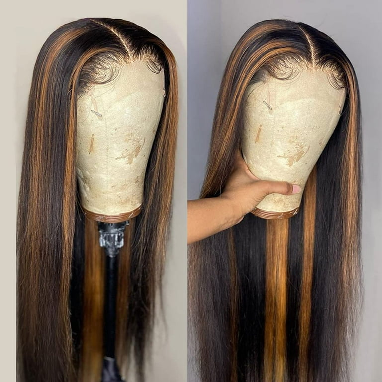 Side Part Straight Black Hair with Blonde Highlights Lace Front