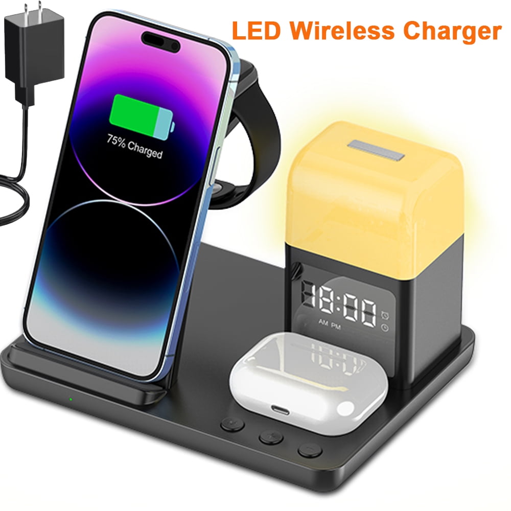 6 in 1 LED Phone Charger Stand Dock with Alarm Clock Night Light Wireless Charger for iPhone, , Wireless Charging Station for Apple Watch, for Airpods 3/2/Pro, for iPhone 17/16/15/14/13/12/11/Pro