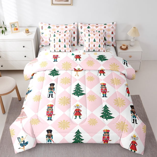 Christmas Nutcracker Decor 7Pcs Comforter Set Full Size,Nutcracker Soldier Mouse Ballet Girl Bedding Sets for Kids Teens,Christmas Tree Gold Snowflake Fitted Flat Sheet Pink Check Bed in a bag