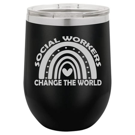 

12 oz Double Wall Vacuum Insulated Stainless Steel Stemless Wine Tumbler Glass Coffee Travel Mug With Social Workers Change The World Rainbow (Black)
