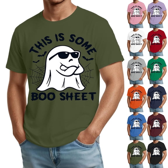 Mens Halloween Shirts Spider Witch Hat Print Short Sleeve Funny T-Shirt Bat Graphic Crew Neck Spooky Fall Tops 3XL