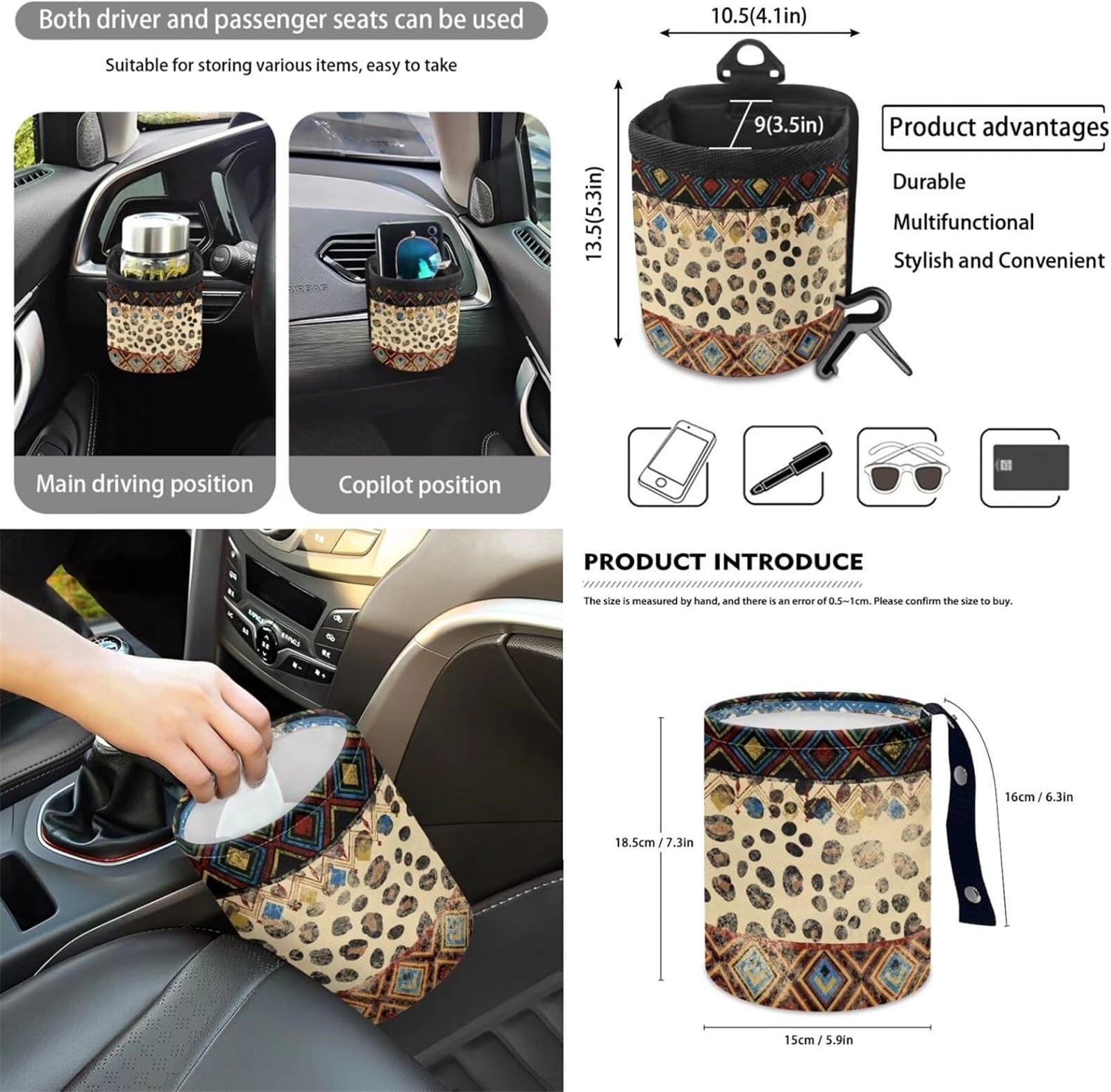 Yuyamidu 12pcs Leopard Print Front Car Seat Cover Set Aztec Ethnic Steering Wheel Cover Seatbelt Pad Armrest Pad Coasters Garbage Can Rear View Mirror Cover Keychain Air Vent Bag Universal Fit