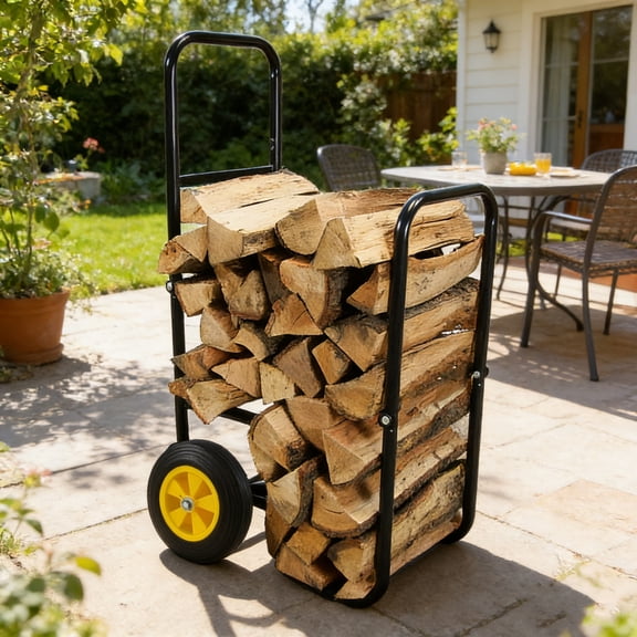 GDF Studio Firewood Log Cart Carrier, Heavy Duty Iron Rack Mover and Rolling Dolly Hauler, Moving Equipment, Black