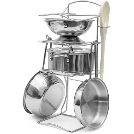 Click N' Play 7 Piece Stainless Steel Pot And Pan Pretend Playset With Pot Rack Organizer For