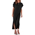 thumbnail image 2 of Lucakuins - Vestido de playa informal de verano para mujer, color sólido, manga corta de murciélago, cuello redondo, vestido dividido Lucakuins  moda, 2 of 9