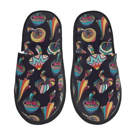 Balery Colorful Mushrooms in Doodle Style Slient Indoor Furry Fleece Comfort House Shoes Soft Non-Slip Home Shoes Cotton slippers House Slippers-- Medium