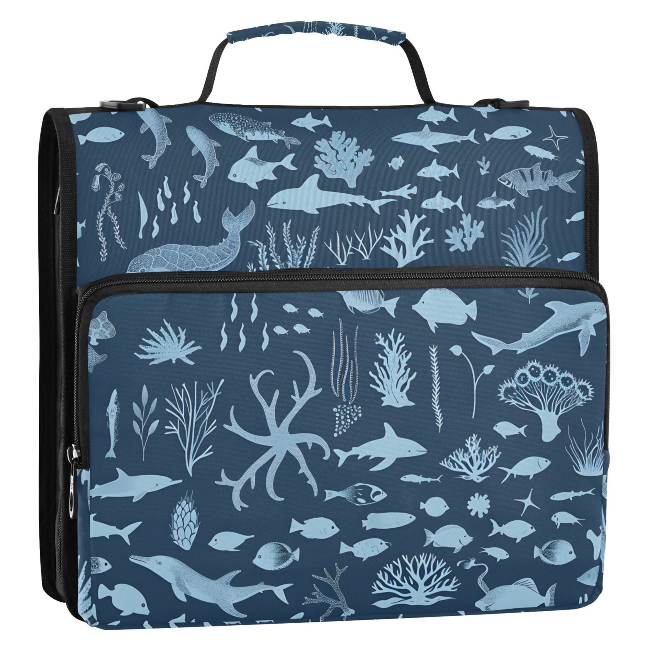 3 Ring Zipper Binder with Shoulder Strap Waterproof Trapper Keeper 2 Inch D-Ring 500 Sheets Capacity Marine Life Silhouettes