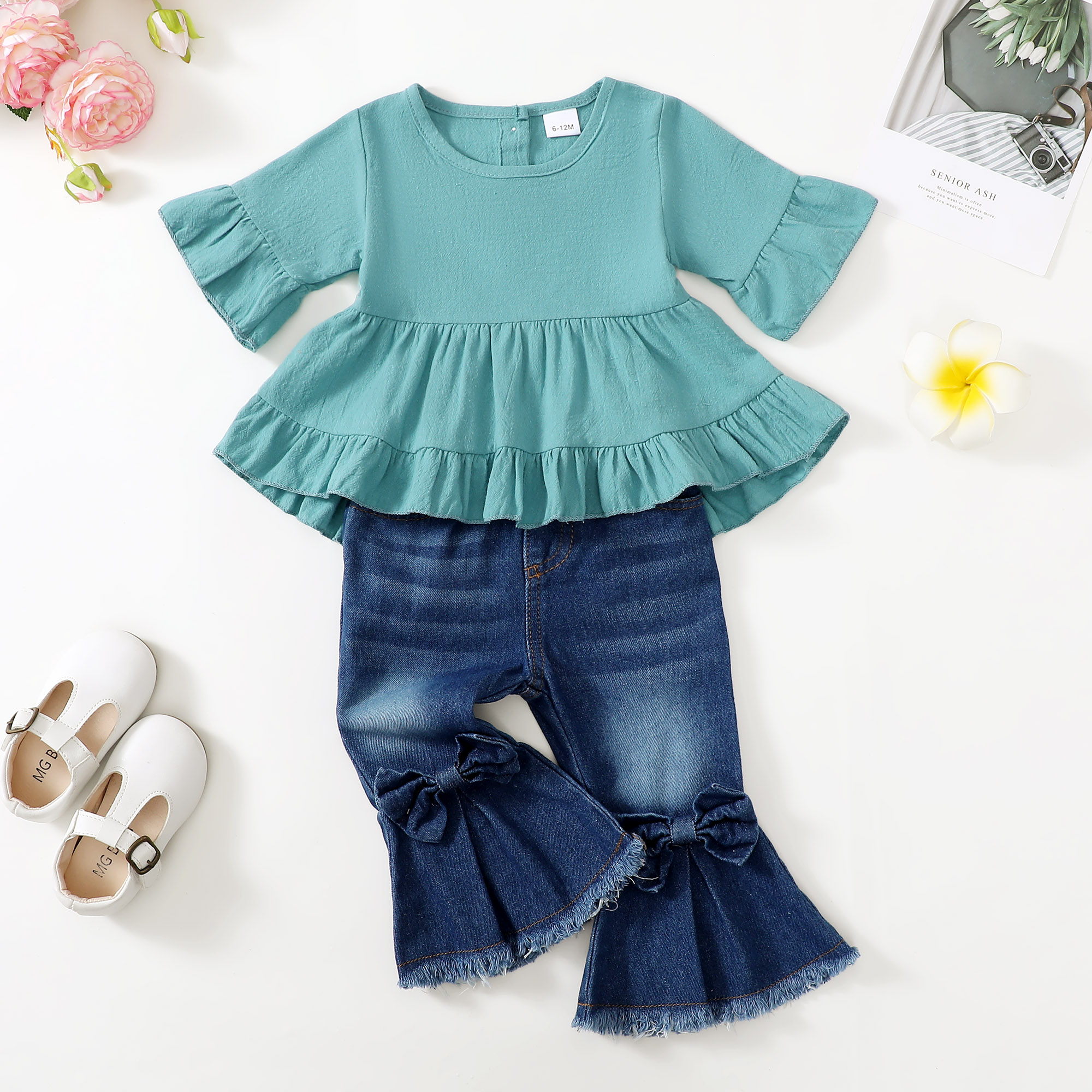 Infant Baby Girls Clothes 6 Months Girls Outfits 12 Months Girls Short Sleeve Round Neckline Top Jeans Pants 2PCS Girls Clothing Set Green