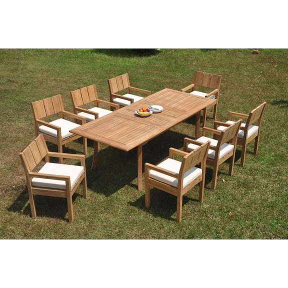 Grade-A Teak Dining Set: 8 Seater 9 Pc: 94" Double Extension Rectangle Table And 8 Veranda Arm Chairs Outdoor Patio WholesaleTeak #WMVRz