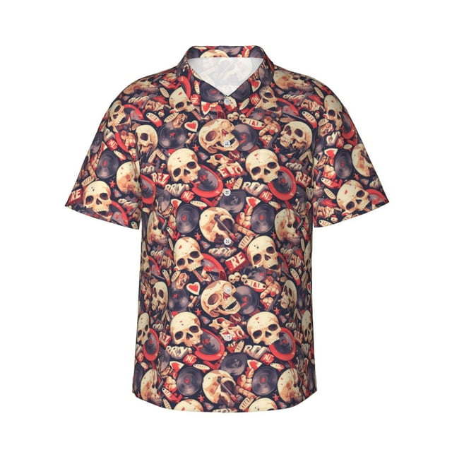 Balery Skull rock record artist Camisas hawaianas de manga corta para hombre, camisas playeras de corte holgado, camisas de vacaciones con botones,X-Large