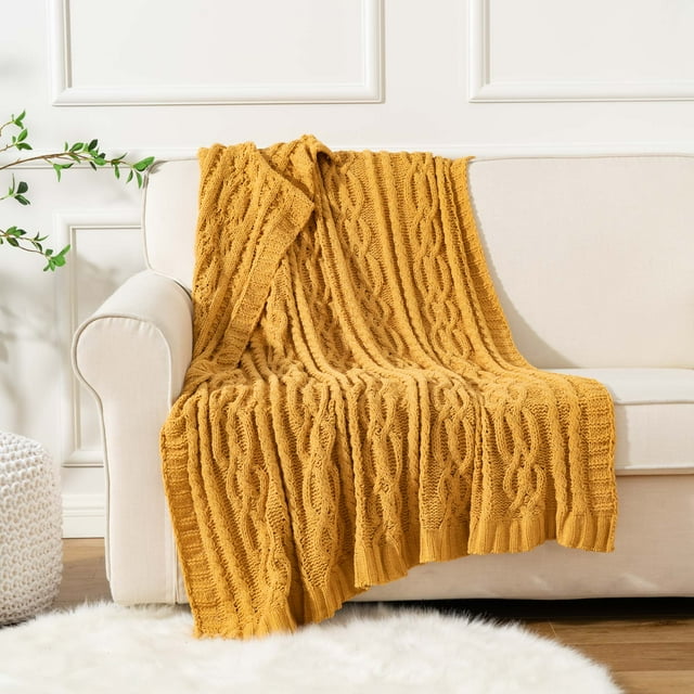 Battilo Mustard Chenille Cable Throw Knitted Throws Decorative Blankets for Sofa Bed Home Indoor Outdoor Throw Couch Cover Blanket (Mustard, 50" x 60")