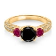 thumbnail image 2 of Gem Stone King 18K Yellow Gold Plated Silver Black Diamond Red Created Ruby and White Moissanite Engagement Ring for Women (2.38 Cttw, Gemstone April Birthstone, Round 7MM and 4MM, Size 5), 2 of 3