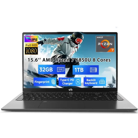15.6" New Light Gaming-Laptop, 8 Cores AMD Ryzen 7 Pro 6850U 32GB LPDDR5 RAM 1TB SSD (Up to 4.7GHz) AMD Radeon 680M GPU IPS FHD Computer with 100W Type-C Backlit Keyboard Fingerprint