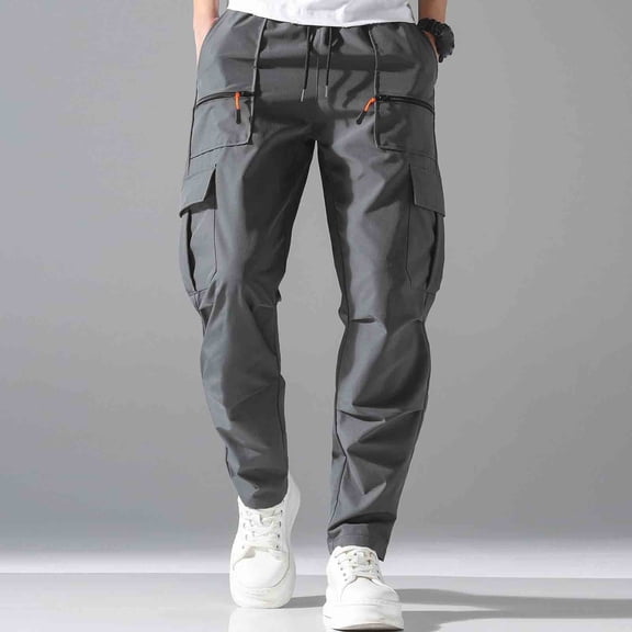 Mifsaly Tapered Cargo Pants for Men with Zipper Pockets Drawstring Wide Leg Casual Trousers Summer Outdoor Baggy Hiking Pant M