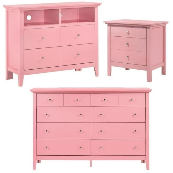 Home Square 3-Piece Set with Dresser TV Stand and 3-Drawer Nightstand in Pink