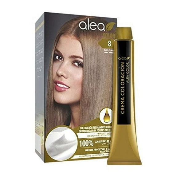 Alea Permanent Hair Color Cream Kit #8 Light Blond - Rubio Claro | Enriched with Nutritive Oils 100% Gray Cover