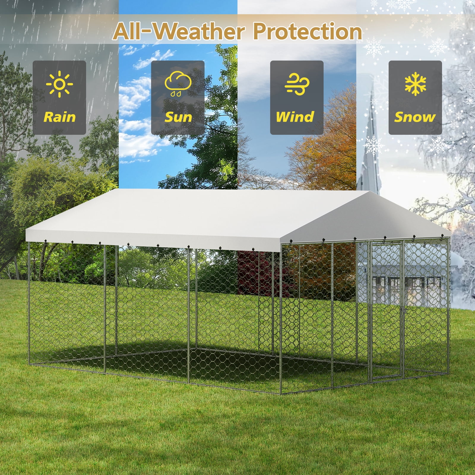 15x10 FT Large Outdoor Dog Kennel with Canopy,Heavy Duty Galvanized Steel,Waterproof Cover,Escape-Proof Lockable Playpen for Large Dogs & Multiple Pets