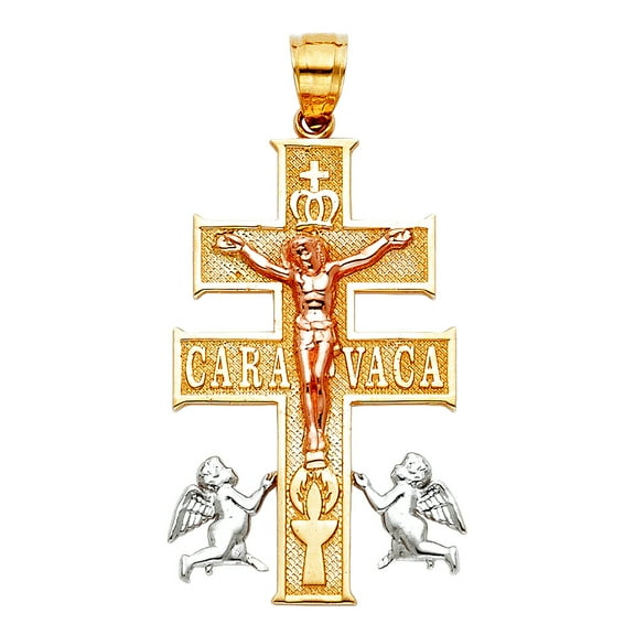 14k Yellow Gold White Gold and Rose Gold Religious Faith Cross Of Caravaca Pendant Necklace 19x31mm Pendant for Women