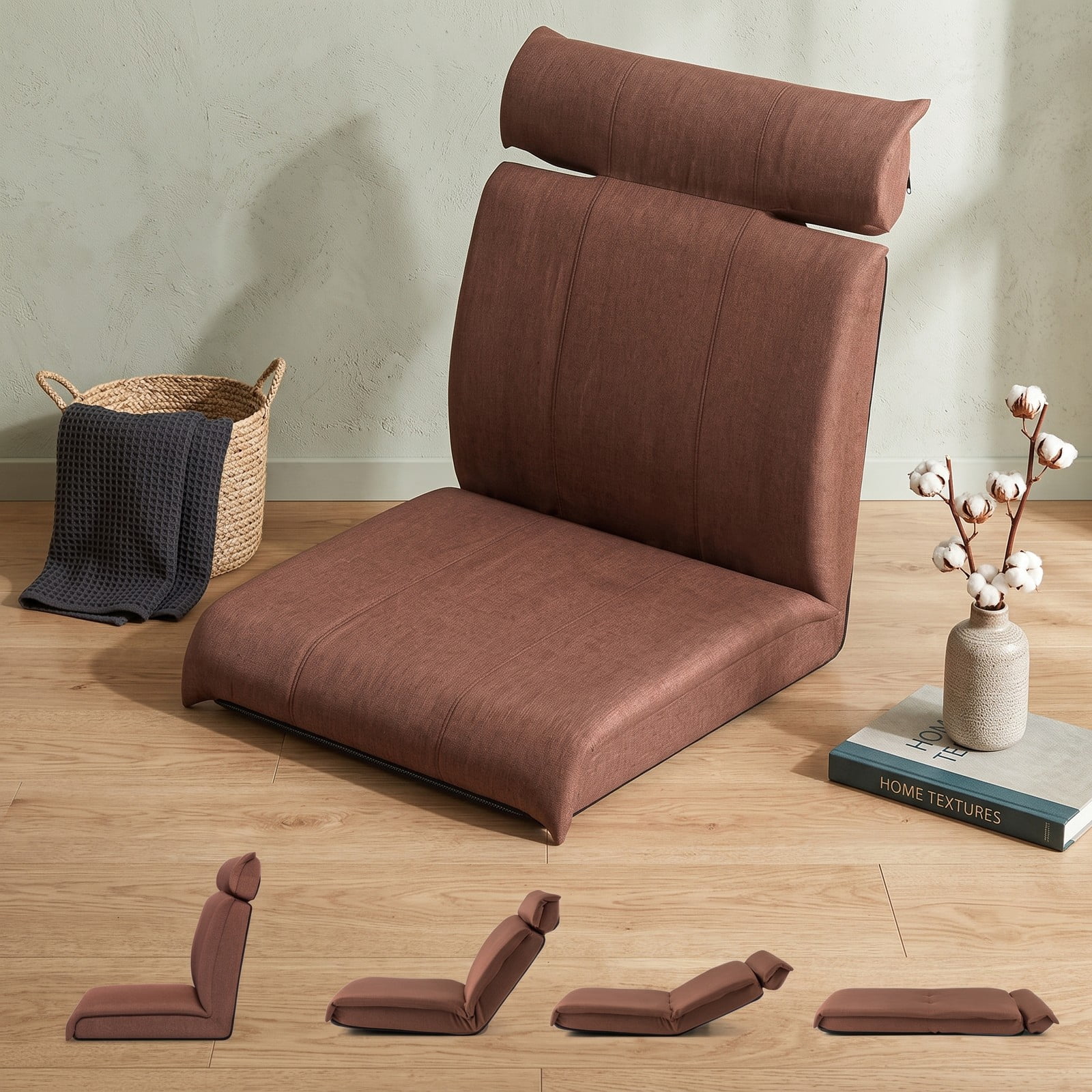 Furnibear Folding Floor Chair Lazy Sofa Lounger with 14-Position Adjustable Backrest and 5-Position Headrest, Linen Padded Recliner for Gaming Reading, Brown