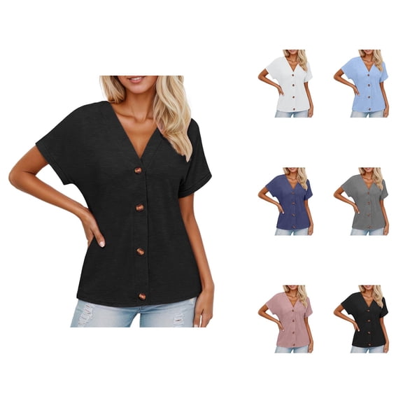 T Shirts for Women 2026 Summer Short Sleeve V Neck Button Down Loose Dressy Casual Office Work Tshirt Blouse