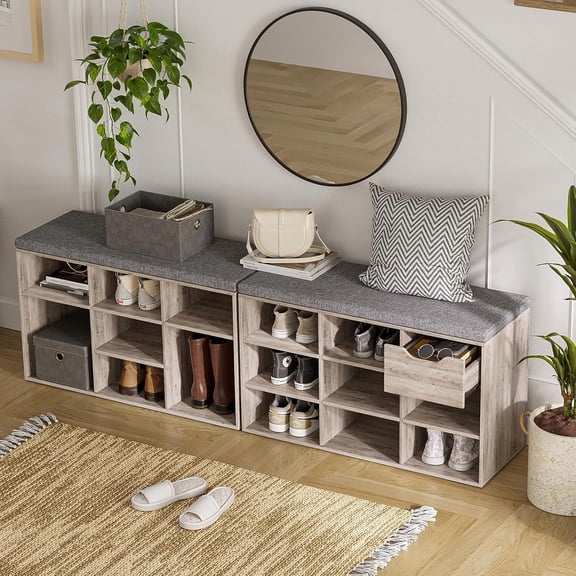 Shoe Bench, 9 Cubbies Shoe Organizer for Entryway, Storage Bench with Cushion, Cubby Shoe Rack with Adjustable Shelves for Living Room, Bedroom, Mudroom, Hallway, Greige
